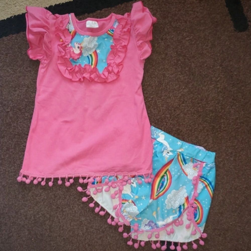 Girl’s boutique Pom Pom unicorn matching set outfit M EUC